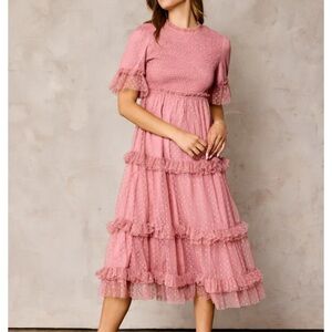 Pink Dot Smocked Ruffle Tiered Maternity Midi Dress